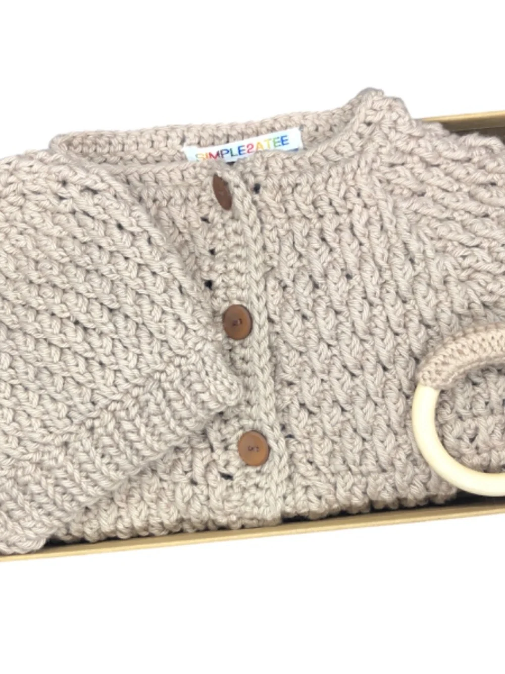 Handmade Baby Crochet Romper Gift Set with Beanie & Crochet Wooden Ring 6-9 Mos.